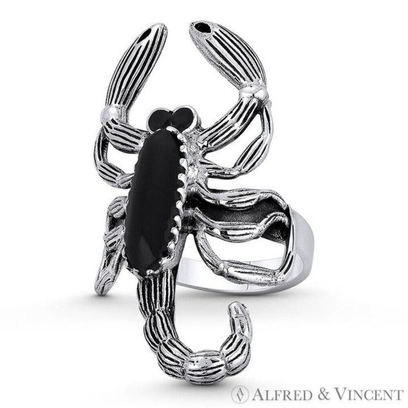 Scorpio Zodiac Sign Faux Onyx Statement Ring in .925 Sterling Silver - Size 8 - Picture 1 of 1
